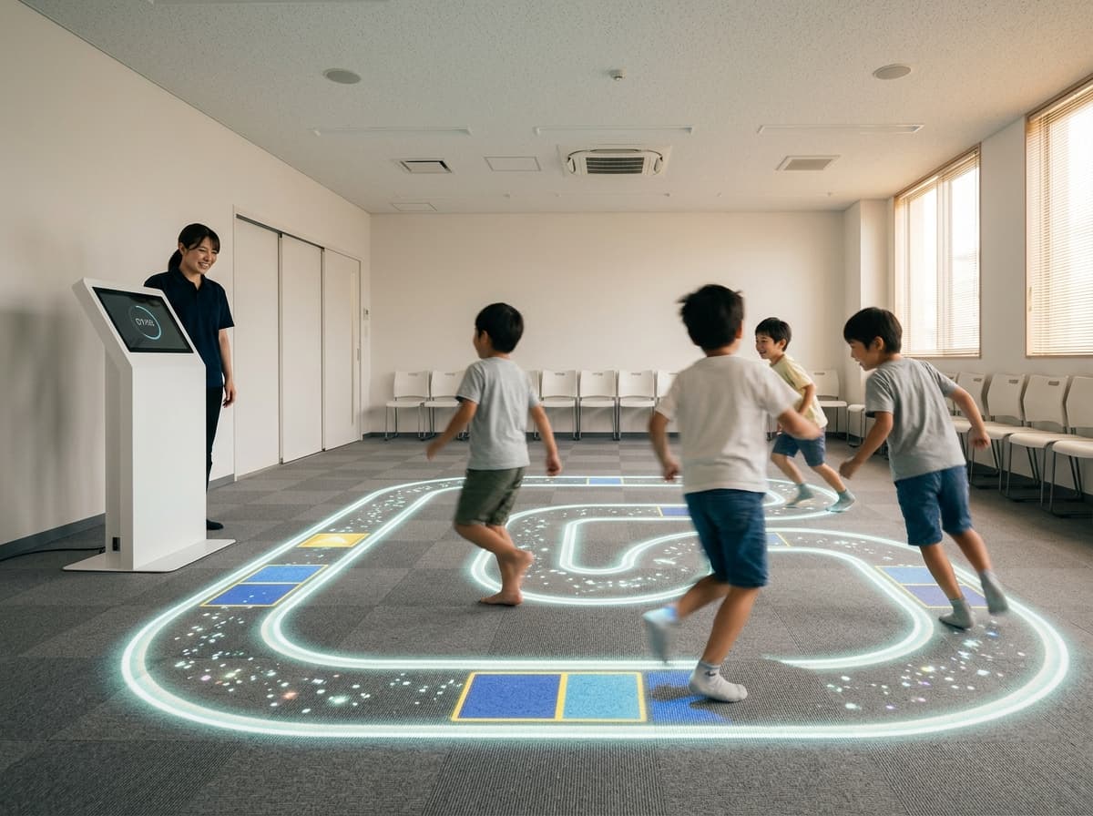 床に映し出された映像を踏んで遊び・学べるDIDIMを楽しむ子どもたち