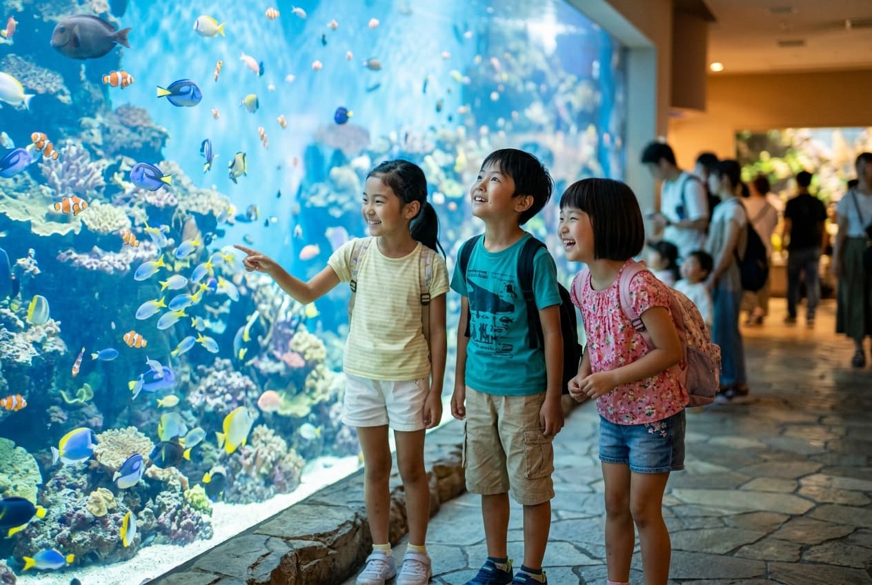 サマースクールで水族館の生き物を観察する子どもたち