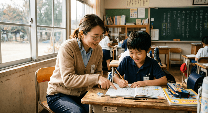 先生と一緒に宿題に取り組む子どもたち